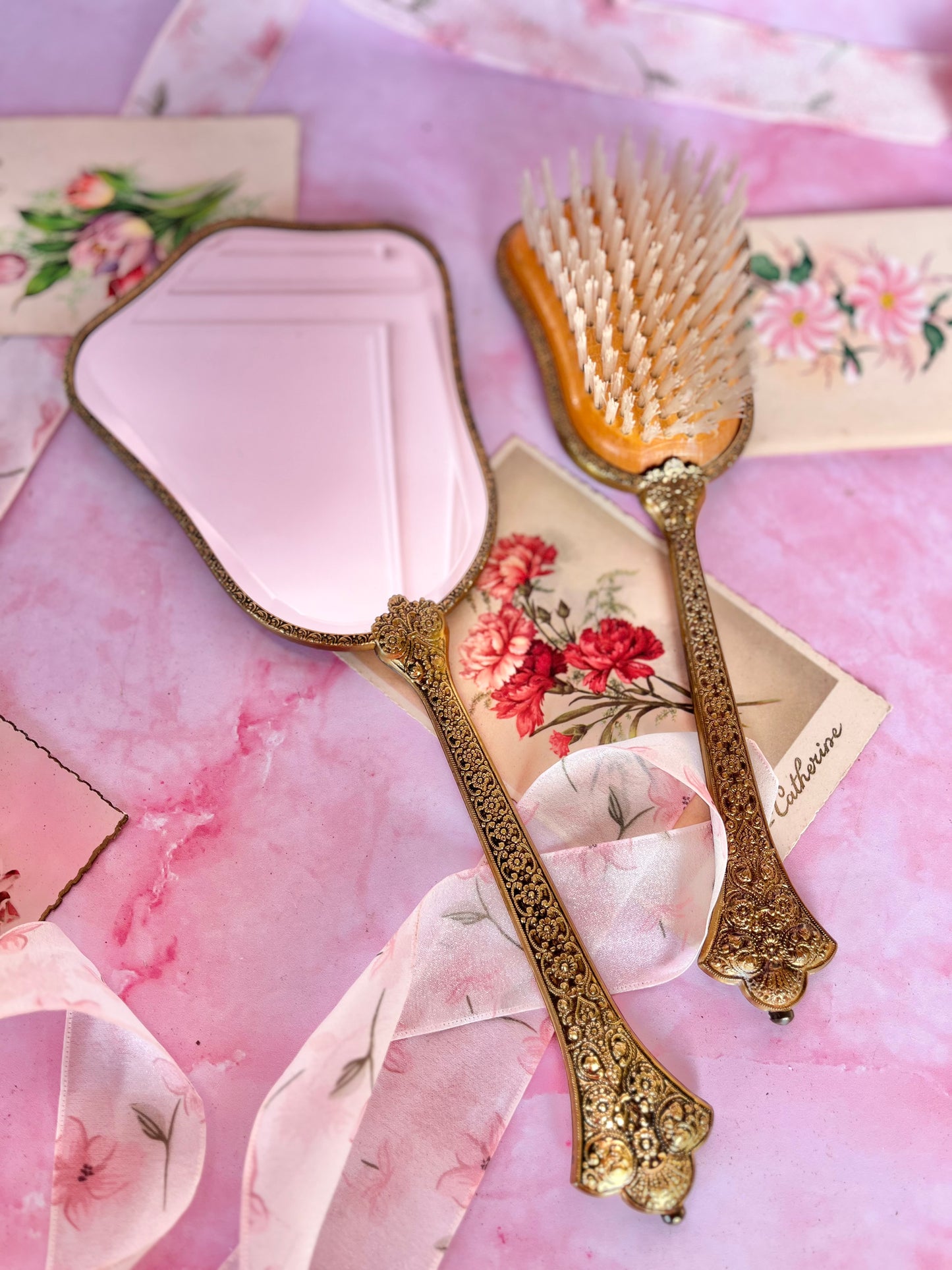 Miroir et brosse laiton